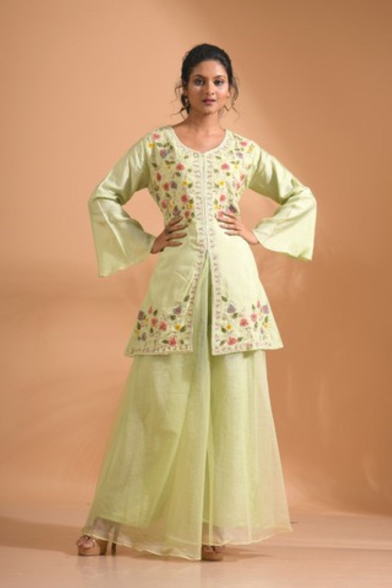 Morchari Co Ord Set With Hand Embroidery - Green | Grocsy
