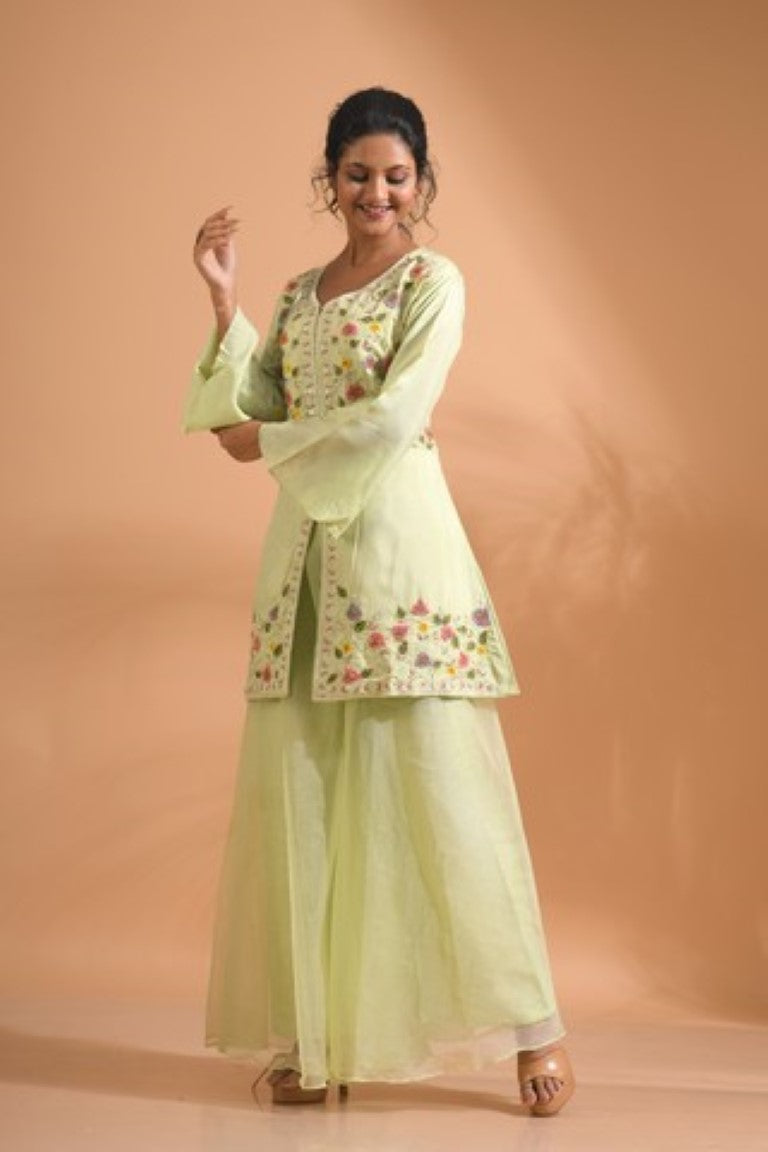 Morchari Co Ord Set With Hand Embroidery - Green | Grocsy