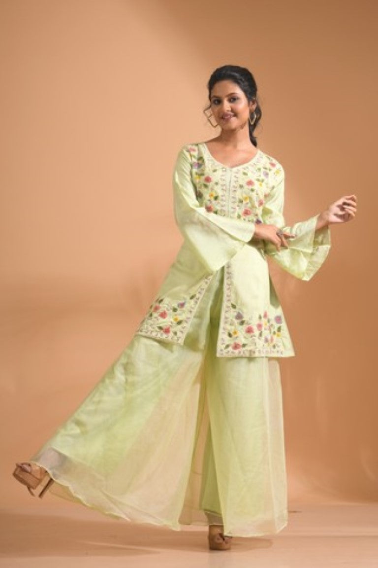 Morchari Co Ord Set With Hand Embroidery - Green | Grocsy
