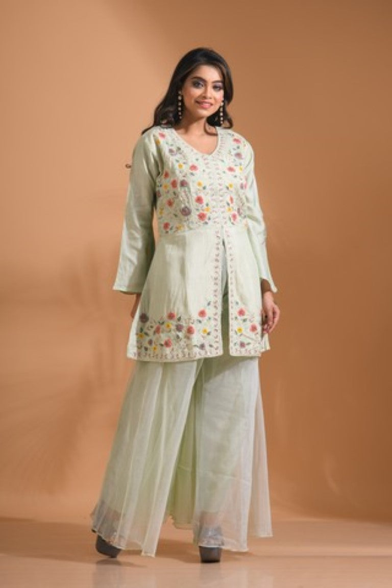 Morchari Co Ord Set With Hand Embroidery - Light Green | Grocsy