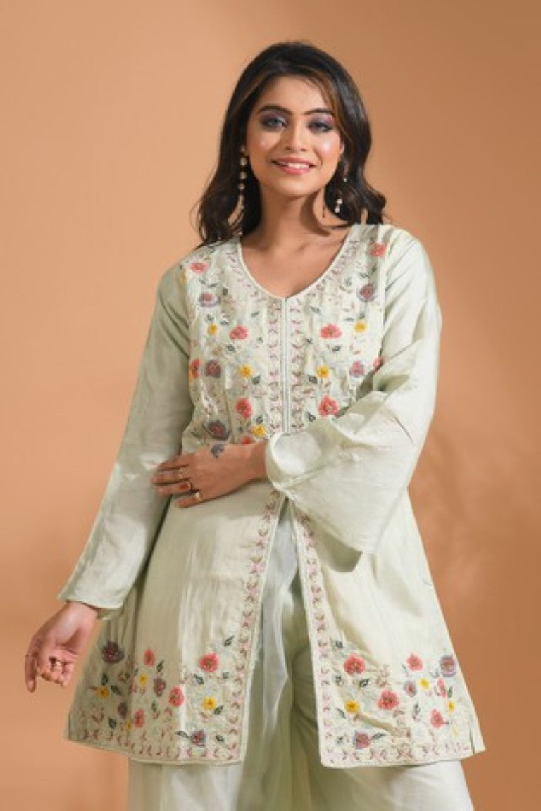 Morchari Co Ord Set With Hand Embroidery - Light Green | Grocsy