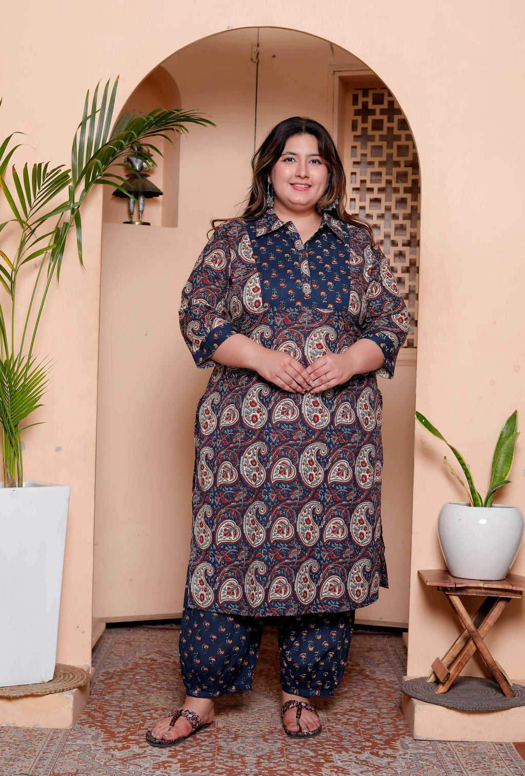 Miravan Womens Plus Size Cotton Floral Printed Shirt-Collar Straight Kurta and Palazzo set | Grocsy