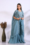 Morchari Top Palazzo With Jacket With Hand Embroidery - Blue | Grocsy