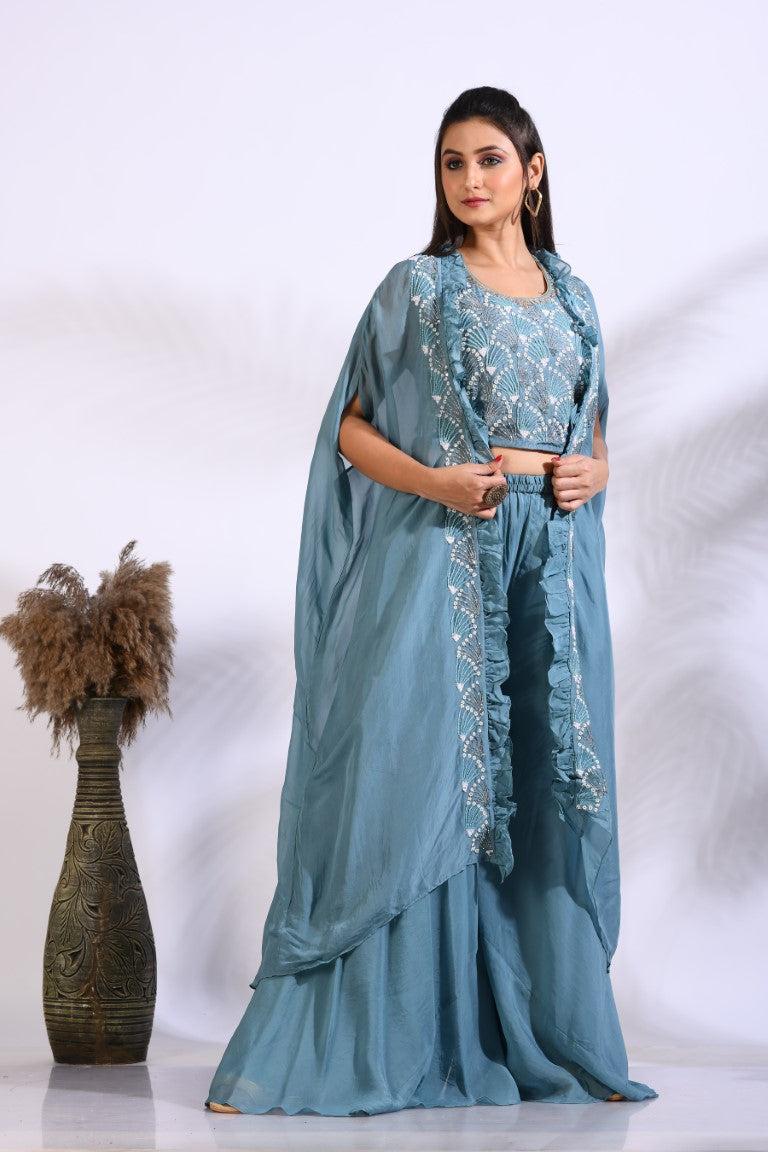 Morchari Top Palazzo With Jacket With Hand Embroidery - Blue | Grocsy