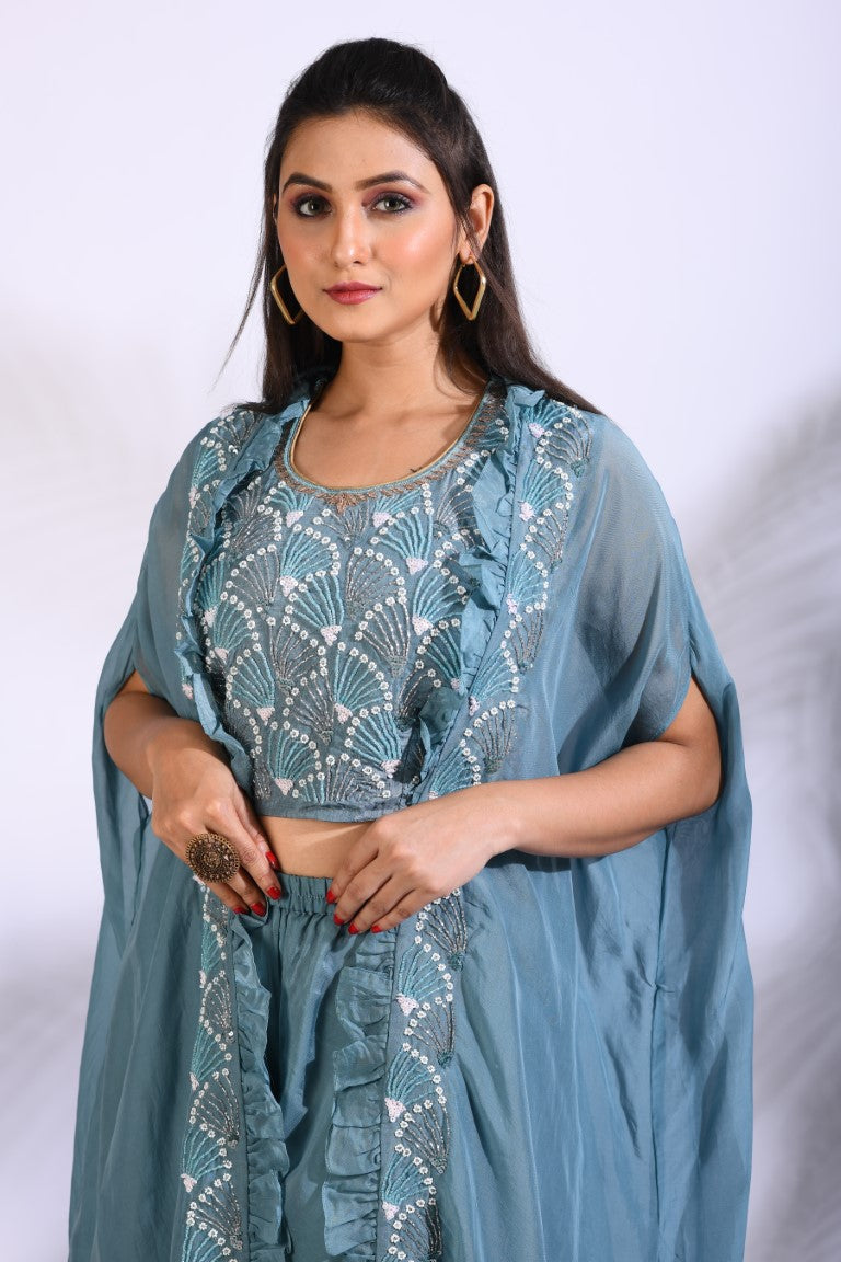 Morchari Top Palazzo With Jacket With Hand Embroidery - Blue | Grocsy