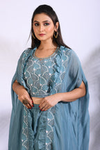 Morchari Top Palazzo With Jacket With Hand Embroidery - Blue | Grocsy