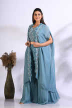 Morchari Top Palazzo With Jacket With Hand Embroidery - Blue | Grocsy
