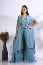 Morchari Top Palazzo With Jacket With Hand Embroidery - Blue | Grocsy