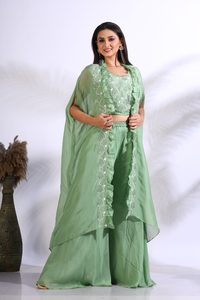 Morchari Top Palazzo With Jacket With Hand Embroidery - Green | Grocsy