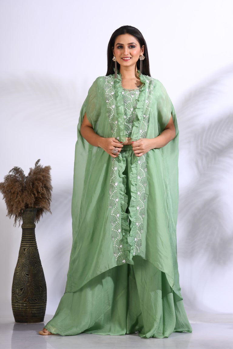 Morchari Top Palazzo With Jacket With Hand Embroidery - Green | Grocsy
