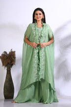Morchari Top Palazzo With Jacket With Hand Embroidery - Green | Grocsy