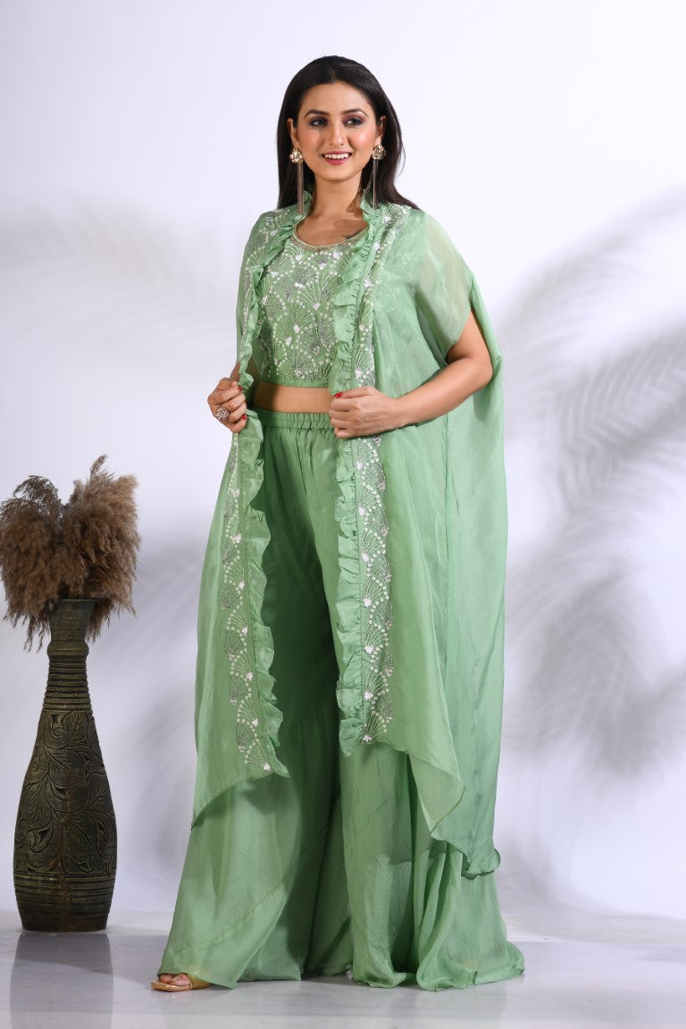 Morchari Top Palazzo With Jacket With Hand Embroidery - Green | Grocsy