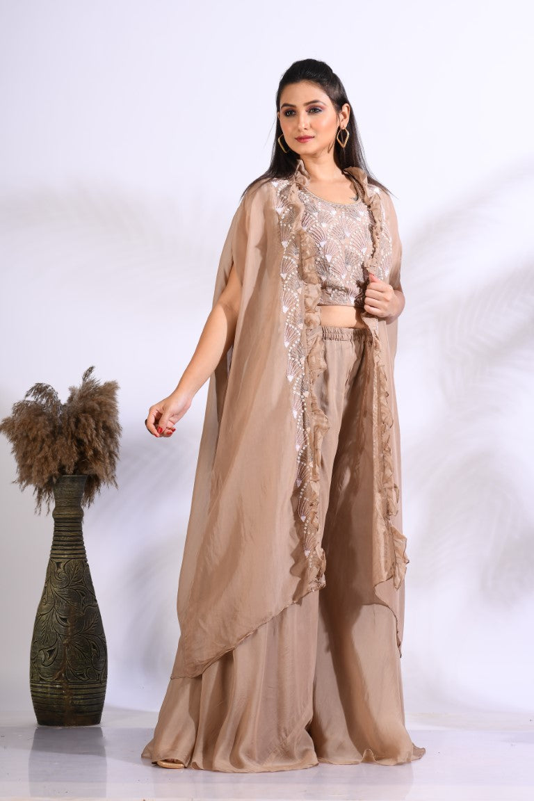 Morchari Top Palazzo With Jacket With Hand Embroidery - Brown | Grocsy