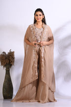Morchari Top Palazzo With Jacket With Hand Embroidery - Brown | Grocsy