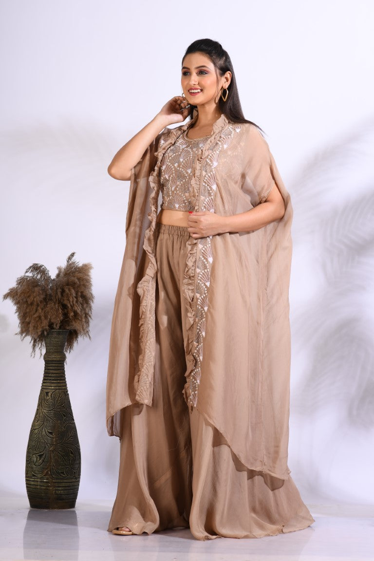 Morchari Top Palazzo With Jacket With Hand Embroidery - Brown | Grocsy