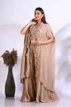 Morchari Top Palazzo With Jacket With Hand Embroidery - Brown | Grocsy