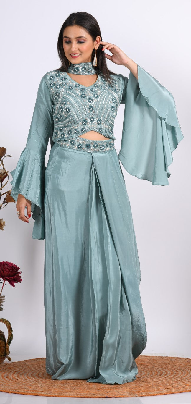 Morchari Crop Top With Dupatta With Hand Embroidery - Grey | Grocsy