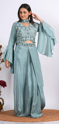 Morchari Crop Top With Dupatta With Hand Embroidery - Grey | Grocsy