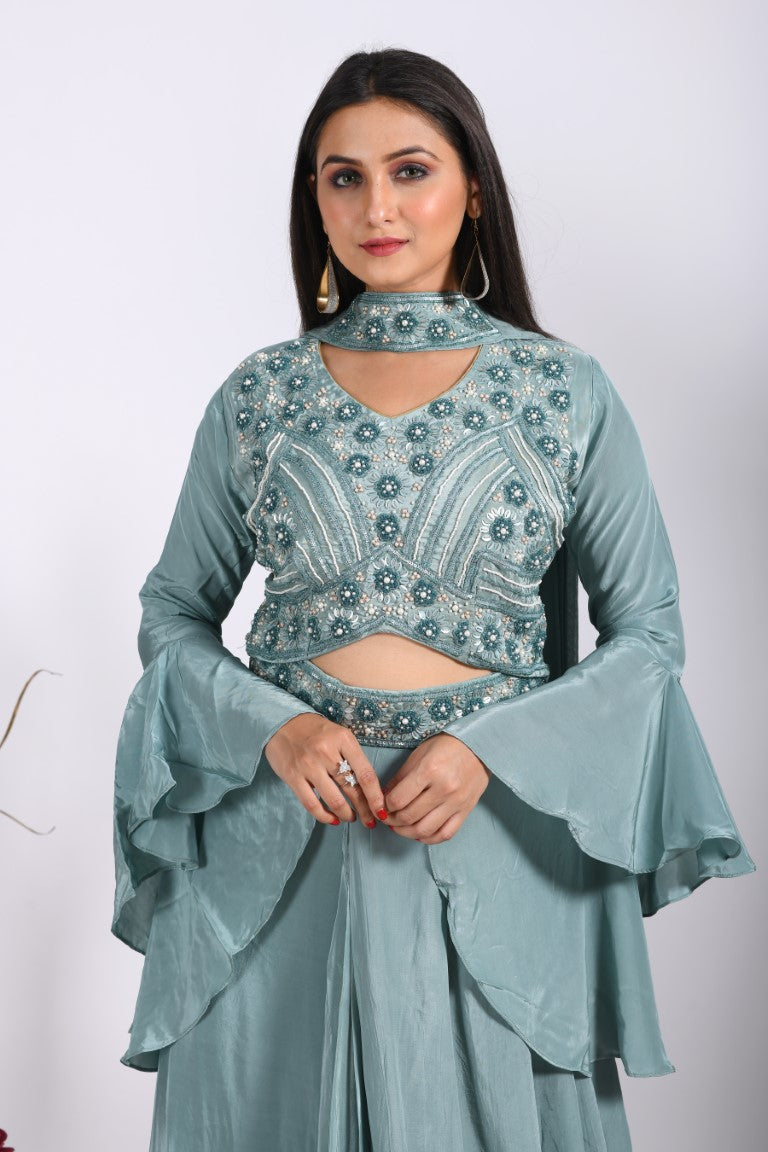 Morchari Crop Top With Dupatta With Hand Embroidery - Grey | Grocsy