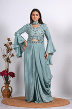Morchari Crop Top With Dupatta With Hand Embroidery - Grey | Grocsy