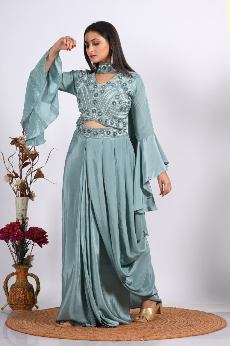 Morchari Crop Top With Dupatta With Hand Embroidery - Grey | Grocsy