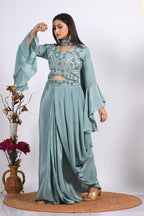 Morchari Crop Top With Dupatta With Hand Embroidery - Grey | Grocsy