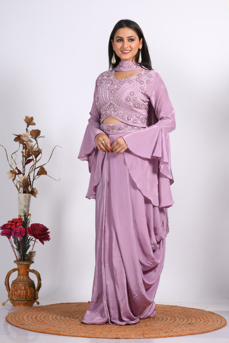 Morchari Crop Top With Dupatta With Hand Embroidery - Purple | Grocsy