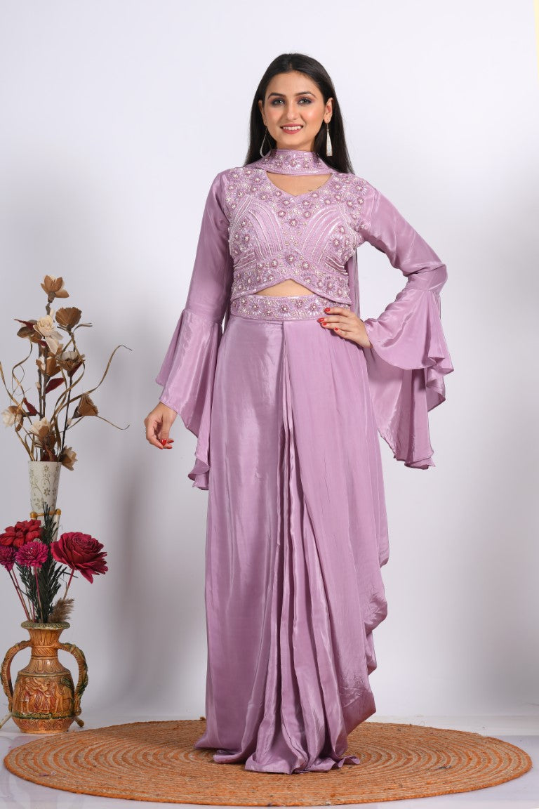 Morchari Crop Top With Dupatta With Hand Embroidery - Purple | Grocsy