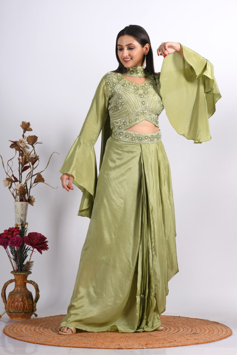 Morchari Crop Top With Dupatta With Hand Embroidery - Green | Grocsy