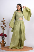 Morchari Crop Top With Dupatta With Hand Embroidery - Green | Grocsy