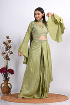 Morchari Crop Top With Dupatta With Hand Embroidery - Green | Grocsy