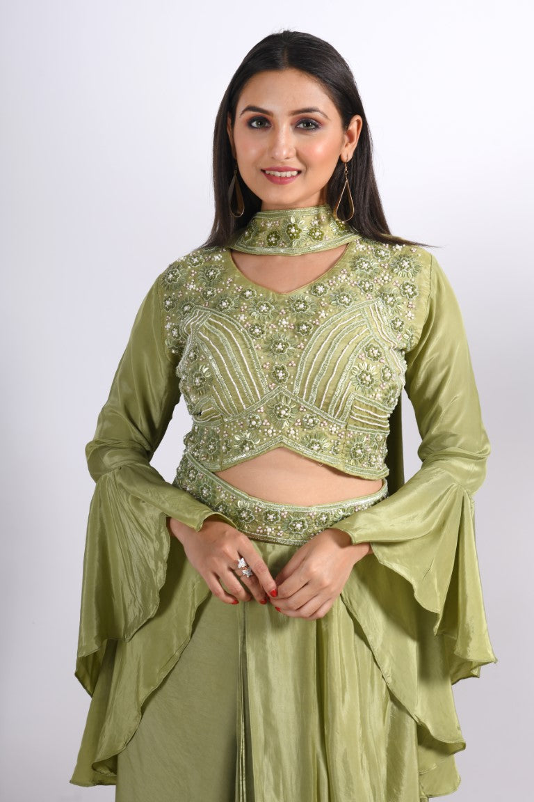 Morchari Crop Top With Dupatta With Hand Embroidery - Green | Grocsy