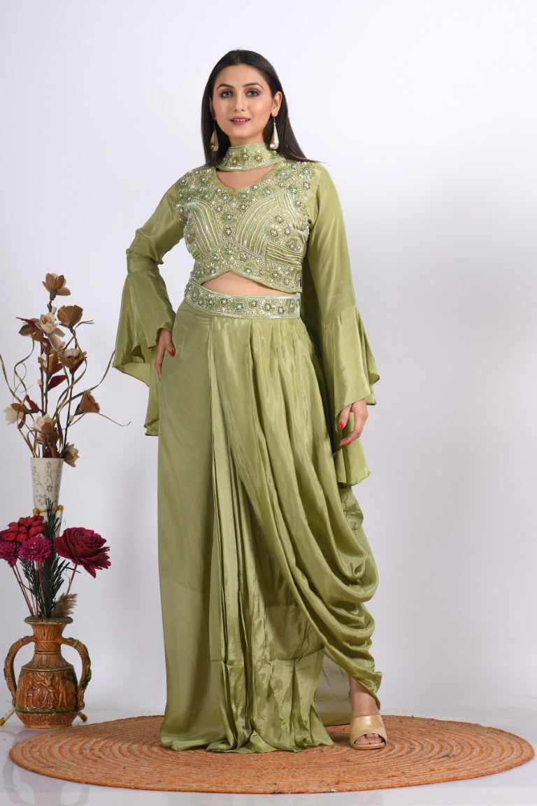 Morchari Crop Top With Dupatta With Hand Embroidery - Green | Grocsy