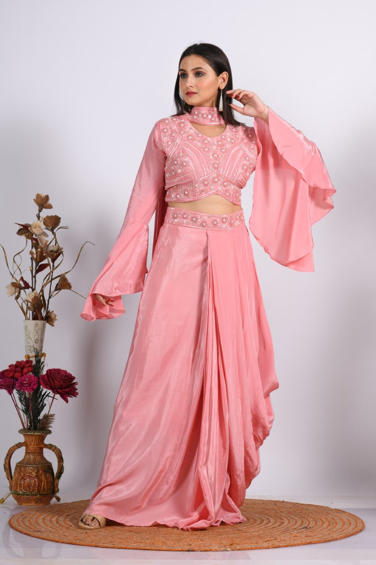 Morchari Crop Top With Dupatta With Hand Embroidery - Peach | Grocsy