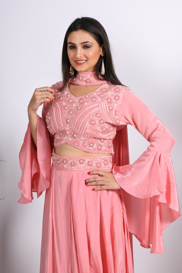 Morchari Crop Top With Dupatta With Hand Embroidery - Peach | Grocsy