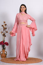 Morchari Crop Top With Dupatta With Hand Embroidery - Peach | Grocsy