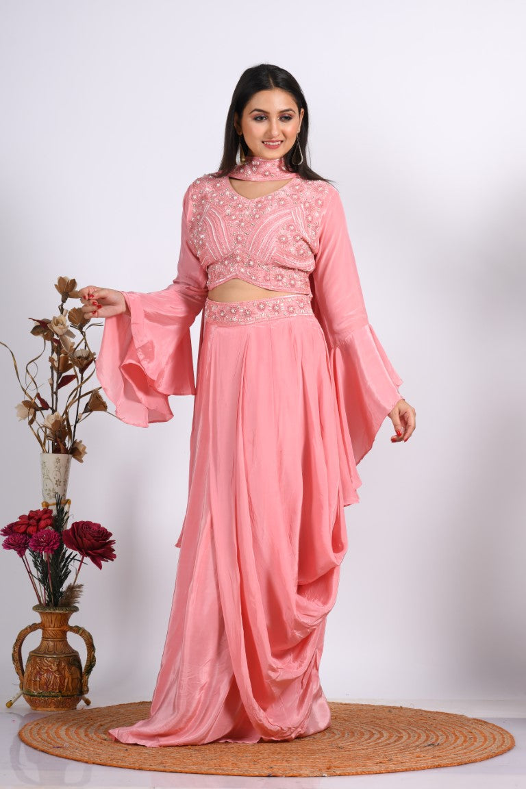 Morchari Crop Top With Dupatta With Hand Embroidery - Peach | Grocsy
