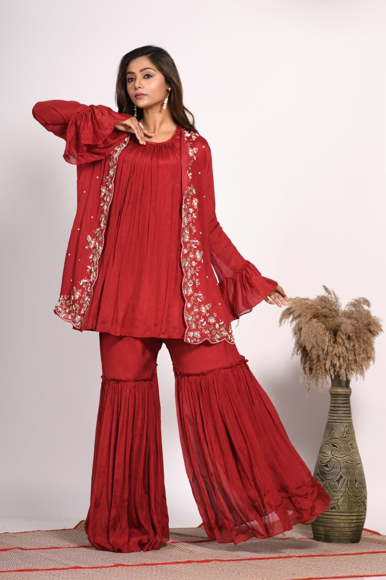 Morchari Jacket With Sharara Set With Hand Embroidery - Red | Grocsy