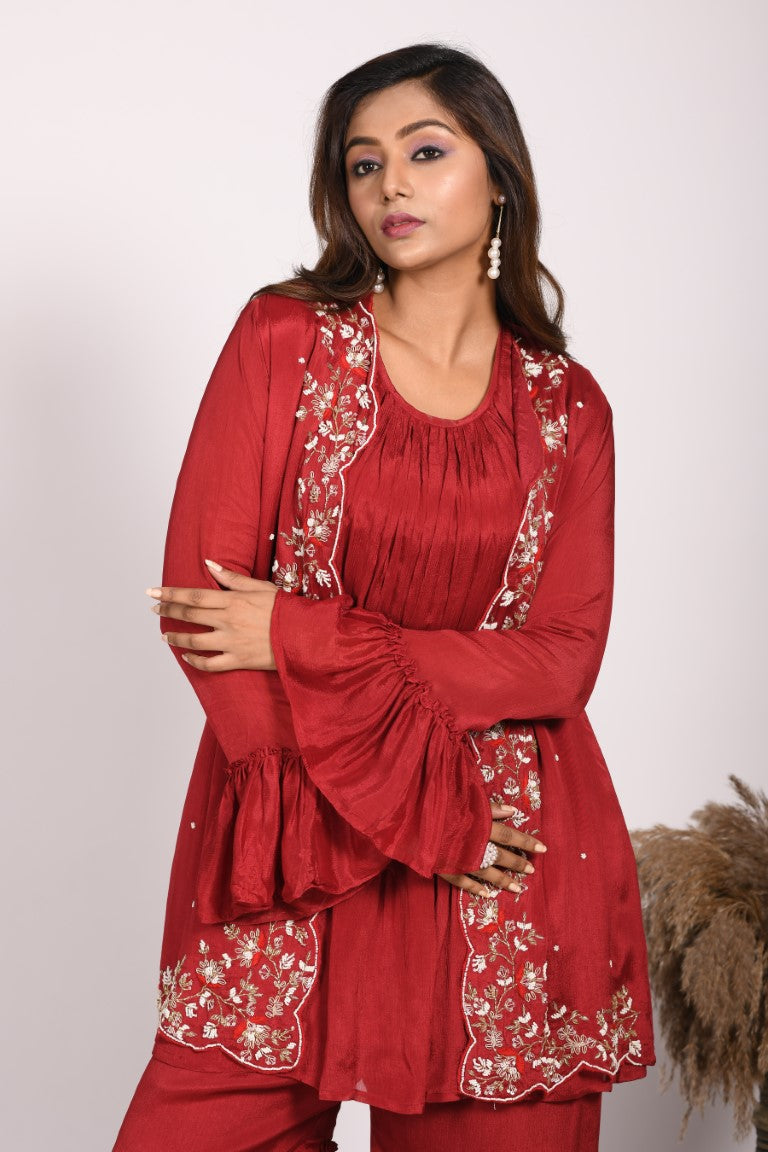 Morchari Jacket With Sharara Set With Hand Embroidery - Red | Grocsy