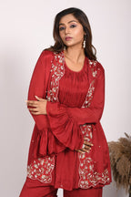 Morchari Jacket With Sharara Set With Hand Embroidery - Red | Grocsy