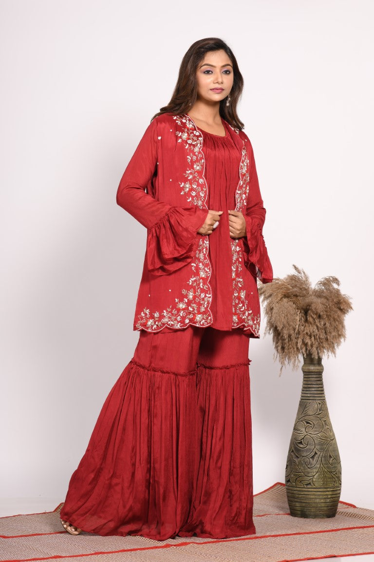 Morchari Jacket With Sharara Set With Hand Embroidery - Red | Grocsy