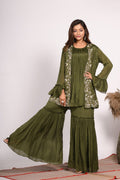Morchari Jacket With Sharara Set With Hand Embroidery - Green | Grocsy