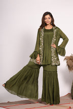 Morchari Jacket With Sharara Set With Hand Embroidery - Green | Grocsy