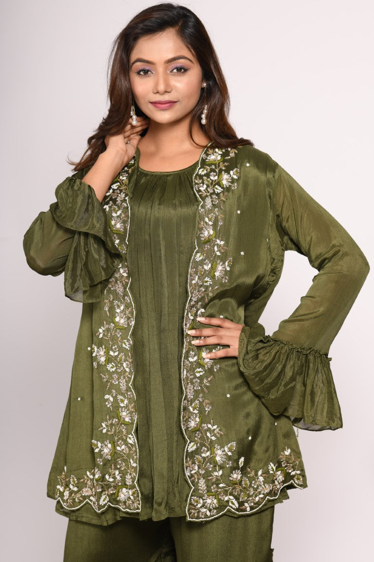 Morchari Jacket With Sharara Set With Hand Embroidery - Green | Grocsy