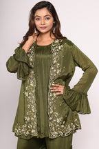 Morchari Jacket With Sharara Set With Hand Embroidery - Green | Grocsy