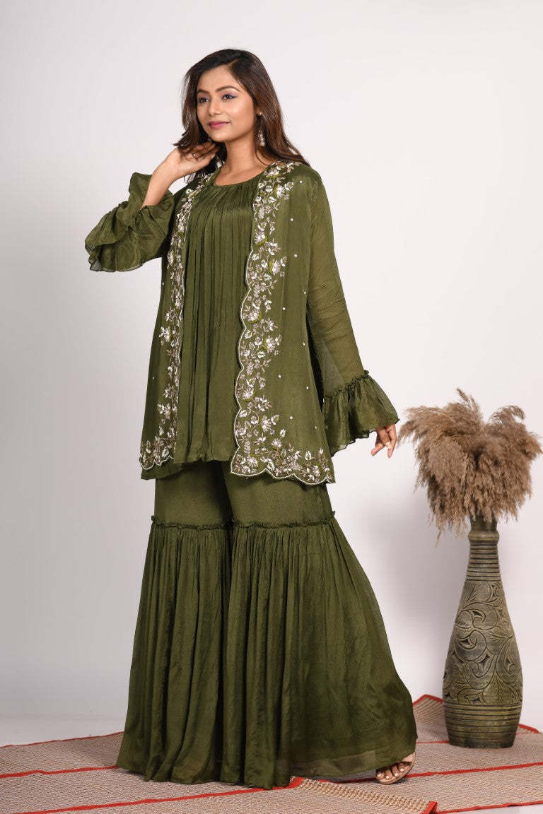Morchari Jacket With Sharara Set With Hand Embroidery - Green | Grocsy