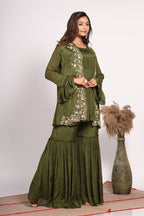 Morchari Jacket With Sharara Set With Hand Embroidery - Green | Grocsy