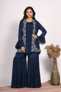 Morchari Jacket With Sharara Set With Hand Embroidery - Blue | Grocsy