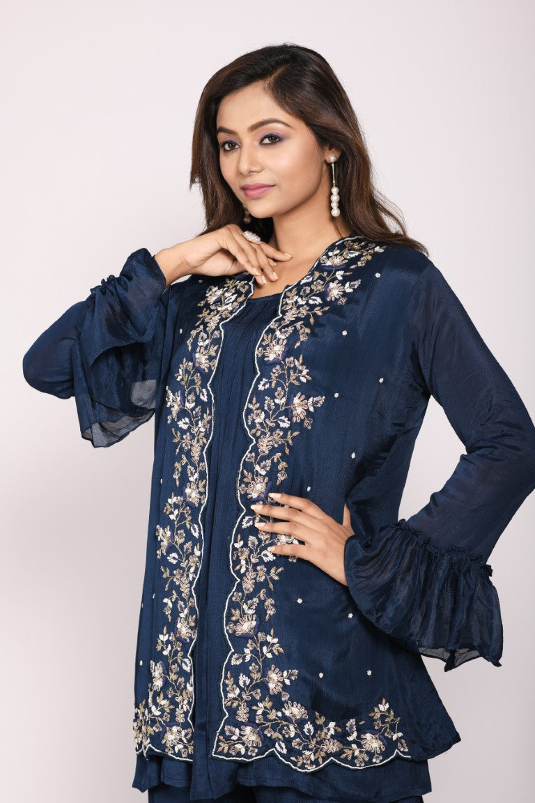 Morchari Jacket With Sharara Set With Hand Embroidery - Blue | Grocsy