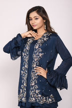 Morchari Jacket With Sharara Set With Hand Embroidery - Blue | Grocsy